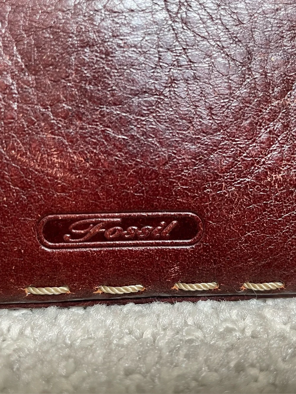 Fossil Brown Leather Western Vibes Whipstitched Zip Up Strap Casual Wristlet